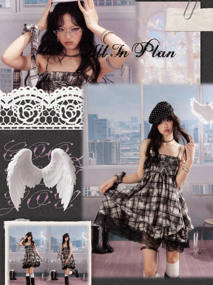 ALL iN plan 100% Cotton Tie Dye Pleated Puff Sleeveless Japanese Black Slip Midi Dresses