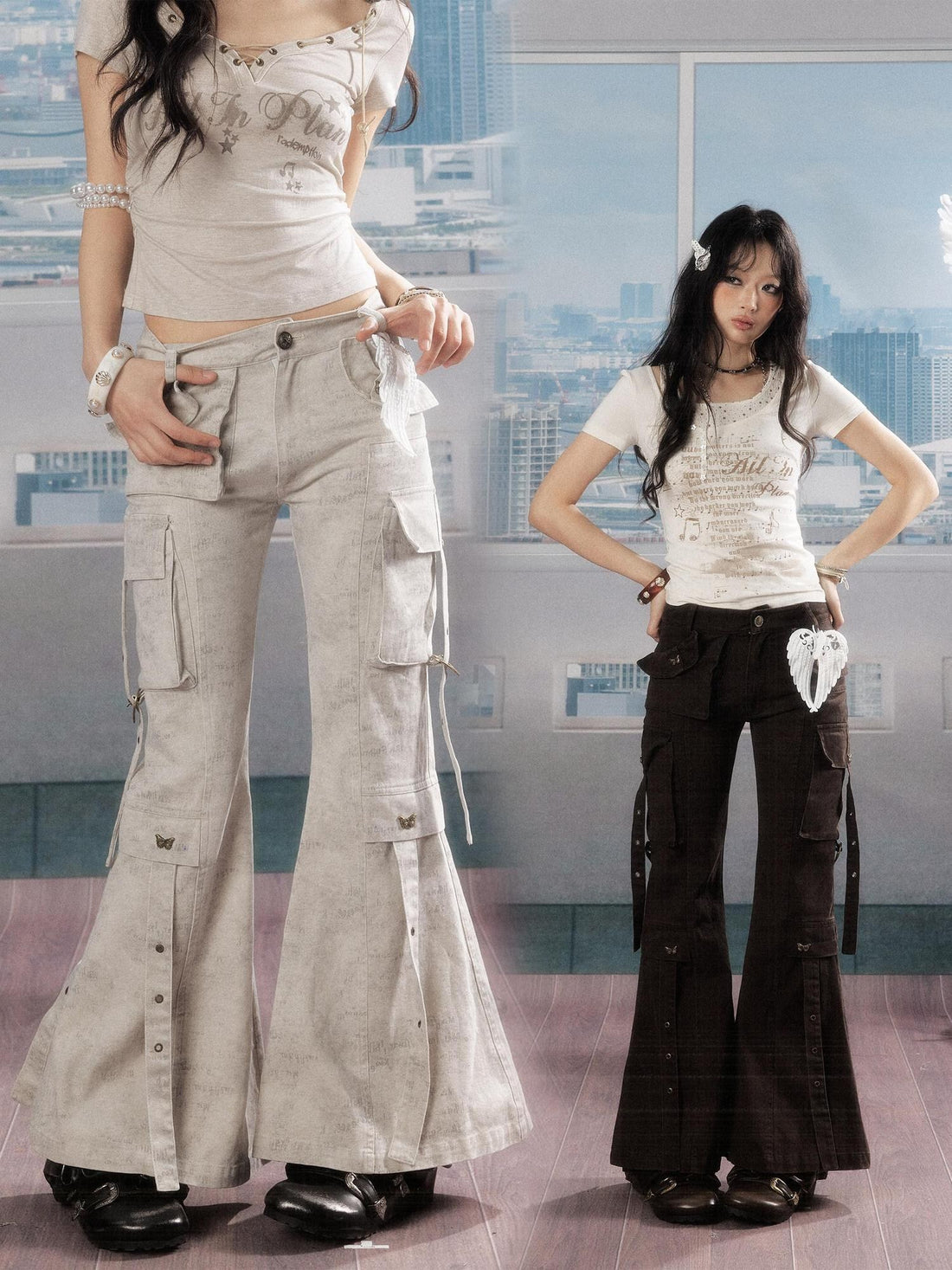ALL iN plan 100 Percent Cotton Printed Slim Natural Waist Pockets Button Fly Flare Pants