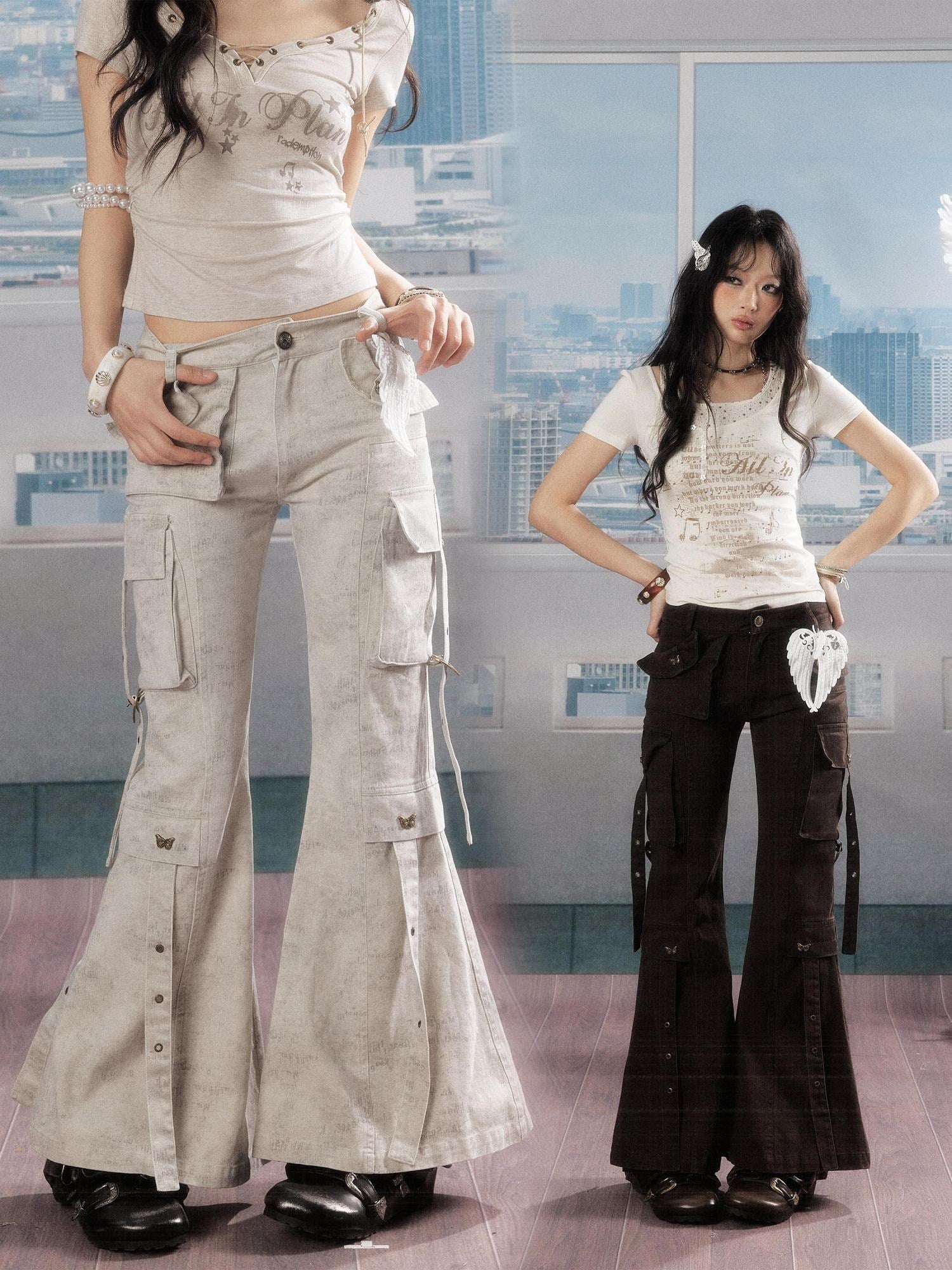 ALL iN plan 100 Percent Cotton Printed Slim Natural Waist Pockets Button Fly Flare Pants
