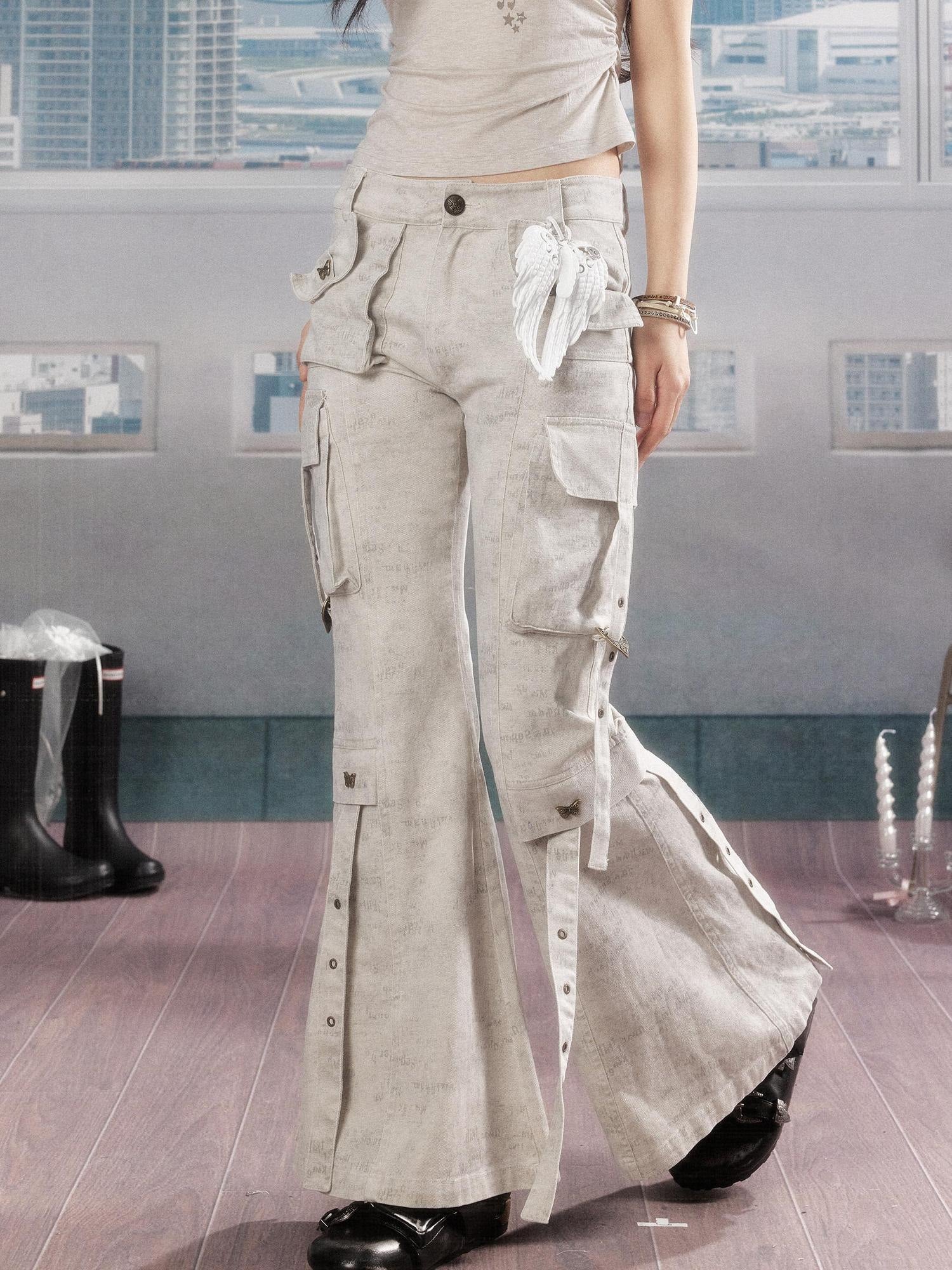 ALL iN plan 100 Percent Cotton Printed Slim Natural Waist Pockets Button Fly Flare Pants