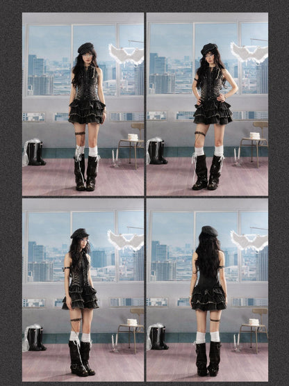 ALL iN plan 100 Percent Cotton Sleeveless Slim Fit Puff Skirt Black Casual Mini Dresses