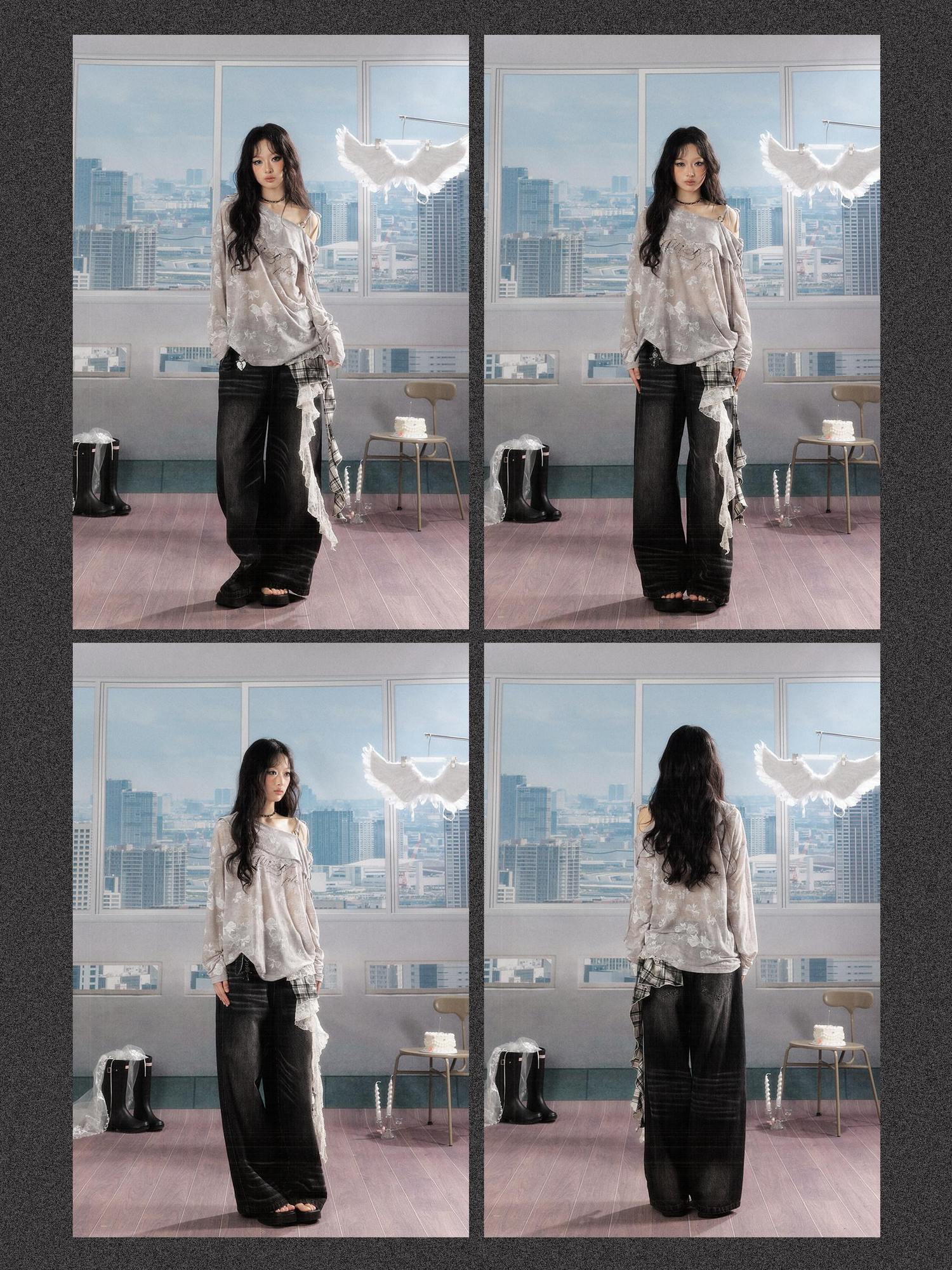 ALL iN plan 3D Embellished Casual Natural Waist Washed Denim Black Stretch Wide-Leg Jeans
