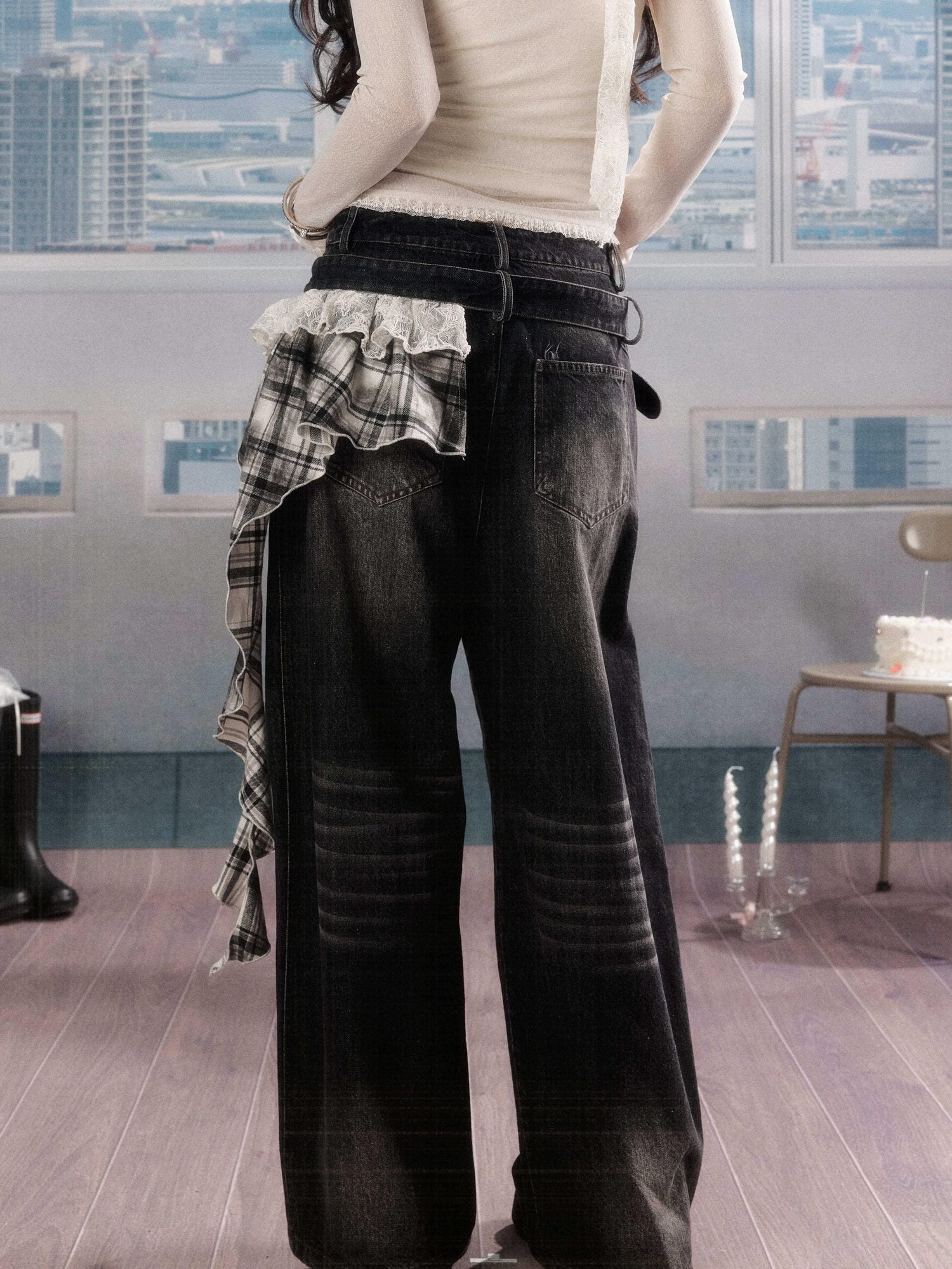 ALL iN plan 3D Embellished Casual Natural Waist Washed Denim Black Stretch Wide-Leg Jeans