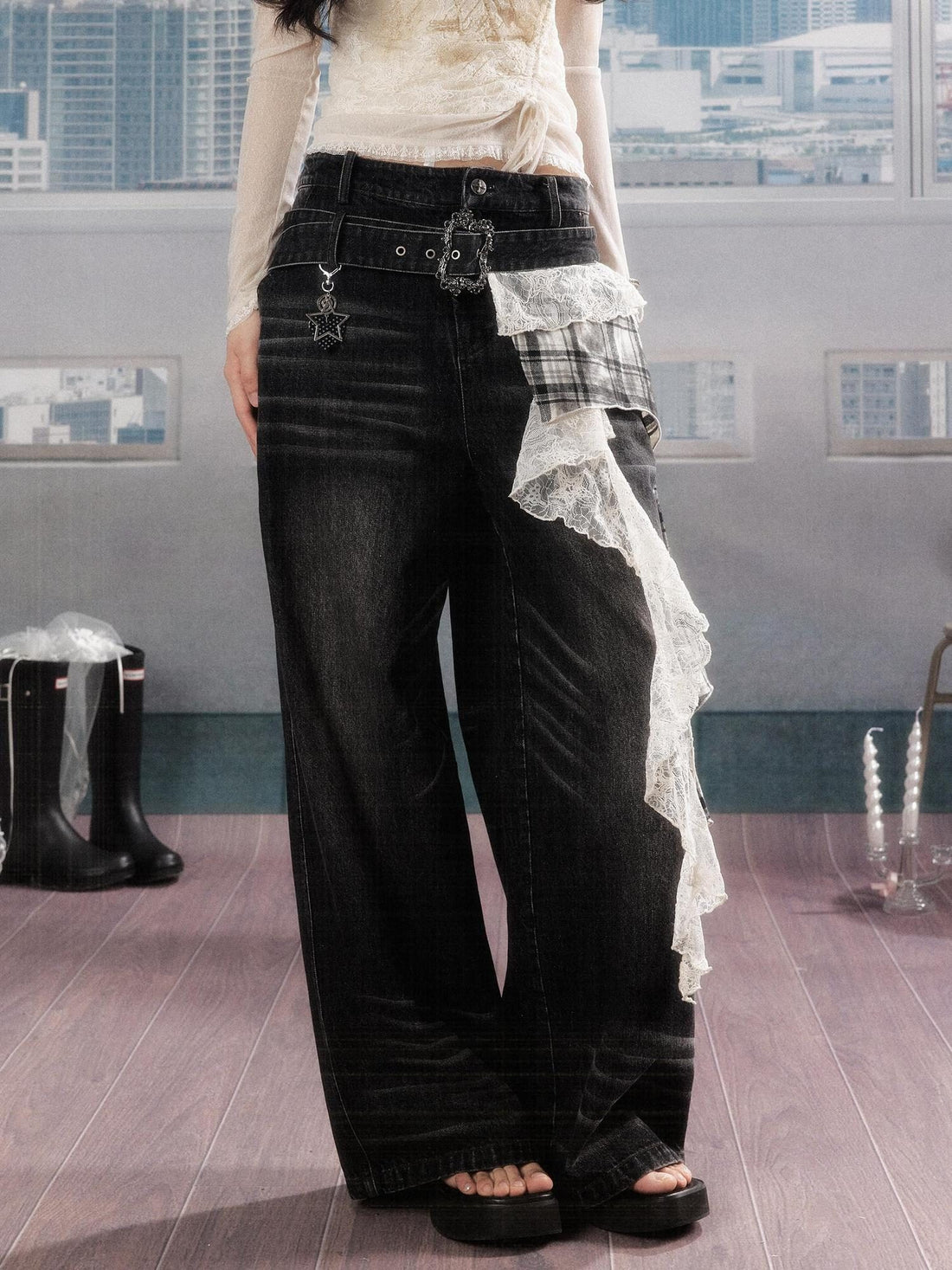 ALL iN plan 3D Embellished Casual Natural Waist Washed Denim Black Stretch Wide-Leg Jeans