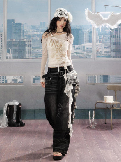 ALL iN plan 3D Embellished Casual Natural Waist Washed Denim Black Stretch Wide-Leg Jeans