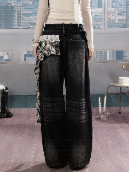ALL iN plan 3D Embellished Casual Natural Waist Washed Denim Black Stretch Wide-Leg Jeans