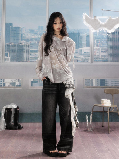 ALL iN plan 3D Embellished Casual Natural Waist Washed Denim Black Stretch Wide-Leg Jeans