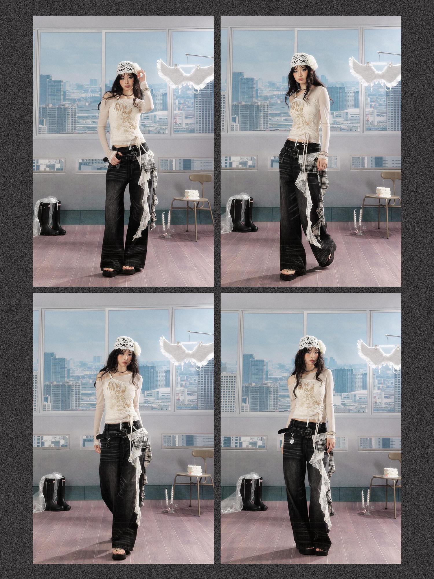 ALL iN plan 3D Embellished Casual Natural Waist Washed Denim Black Stretch Wide-Leg Jeans