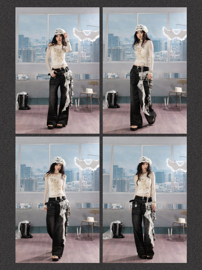 ALL iN plan 3D Embellished Casual Natural Waist Washed Denim Black Stretch Wide-Leg Jeans