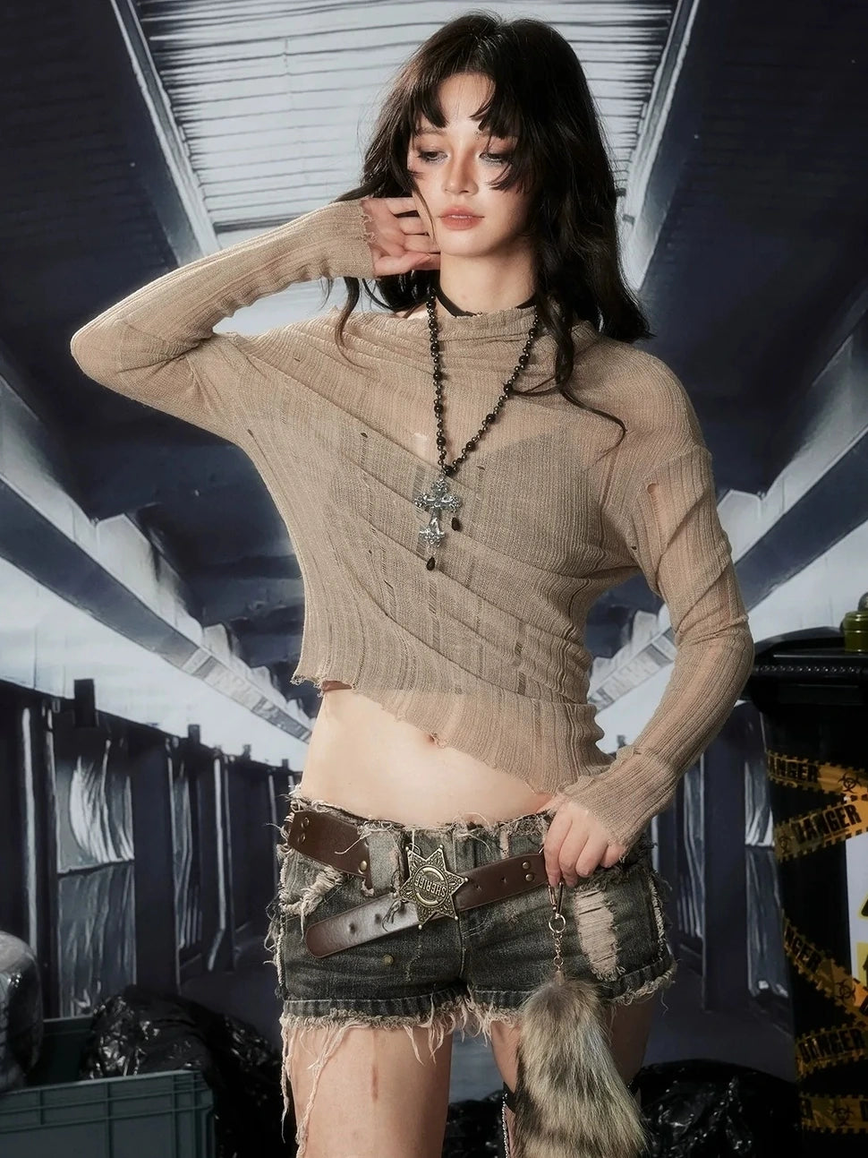 ALL iN plan Acid Etched Riot Knit Top T-shirt