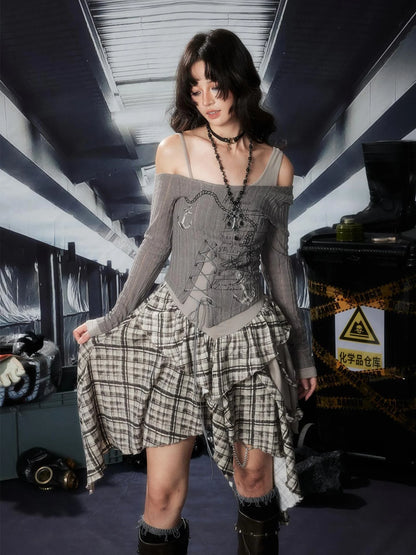 Acid Washed Asymmetrical Lace Ruffle Mini Dress