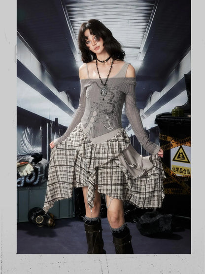 Acid Washed Asymmetrical Lace Ruffle Mini Dress