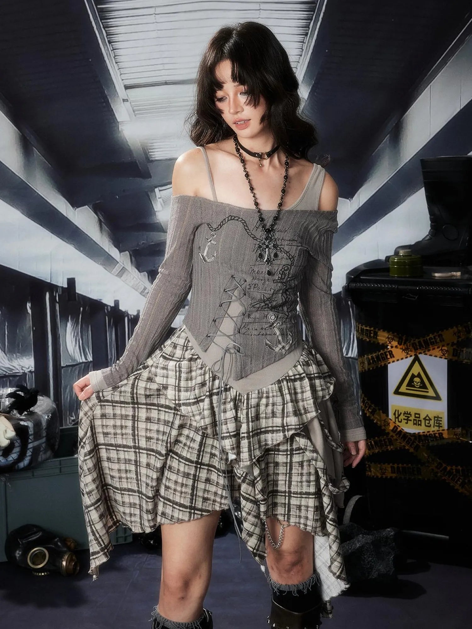 Acid Washed Asymmetrical Lace Ruffle Mini Dress