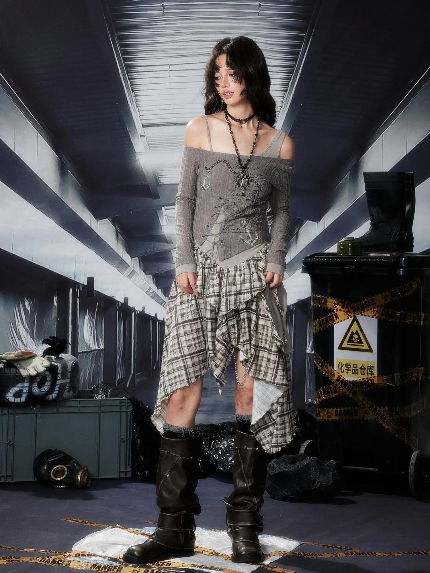 Acid Washed Asymmetrical Lace Ruffle Mini Dress