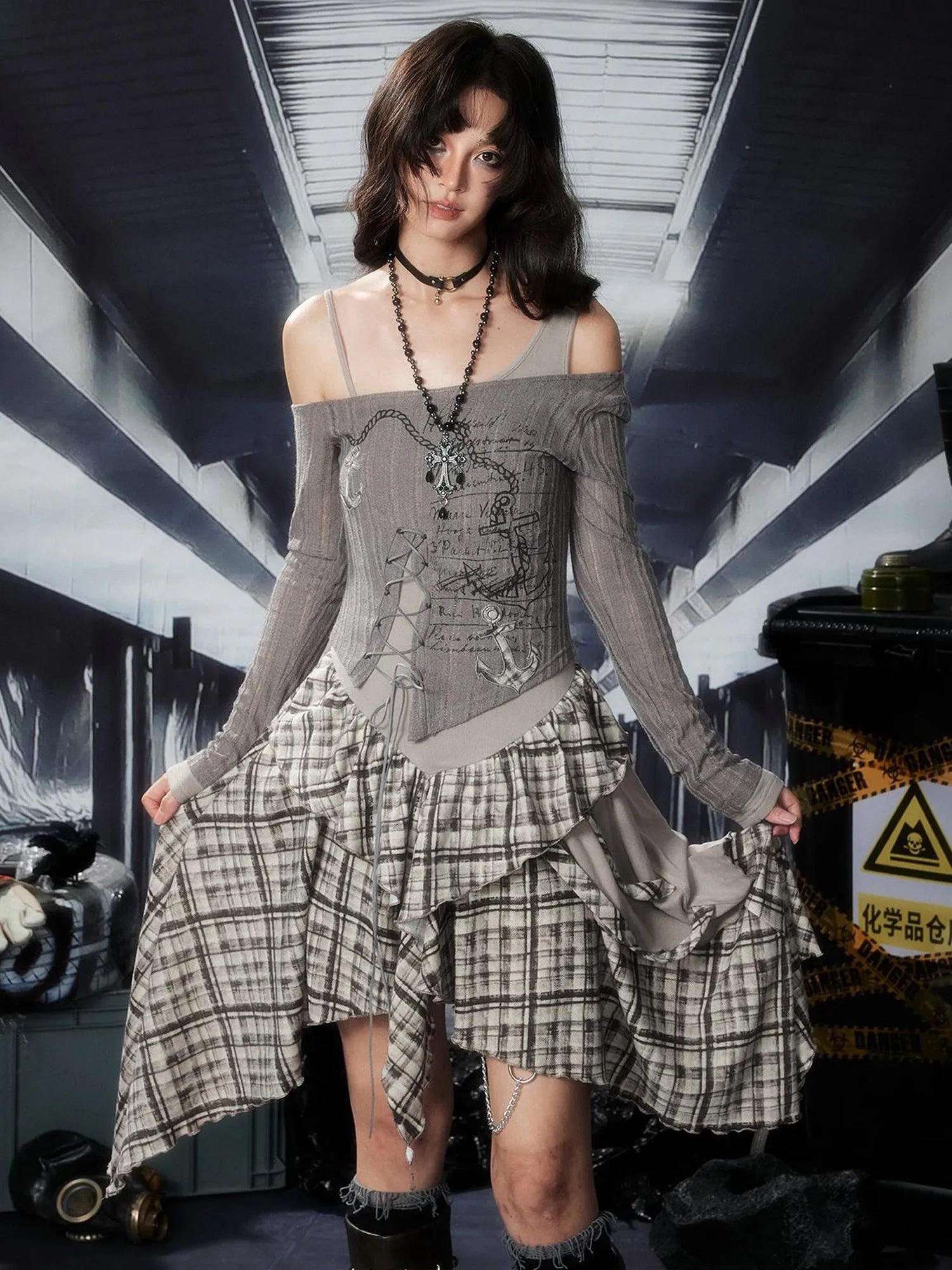 Acid Washed Asymmetrical Lace Ruffle Mini Dress