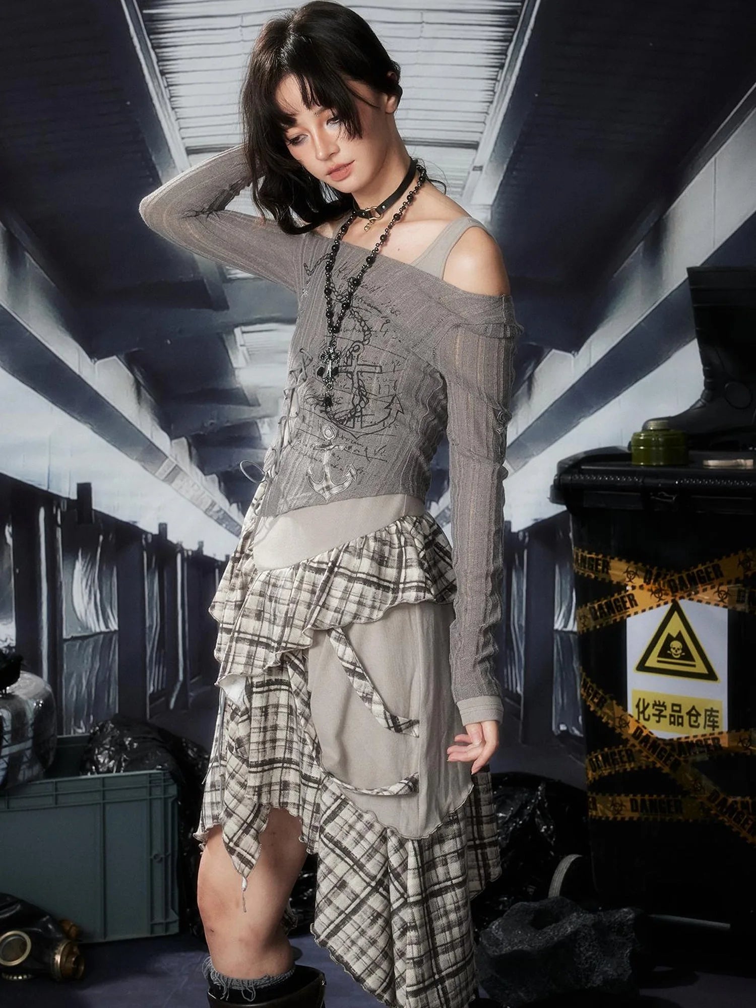 Acid Washed Asymmetrical Lace Ruffle Mini Dress