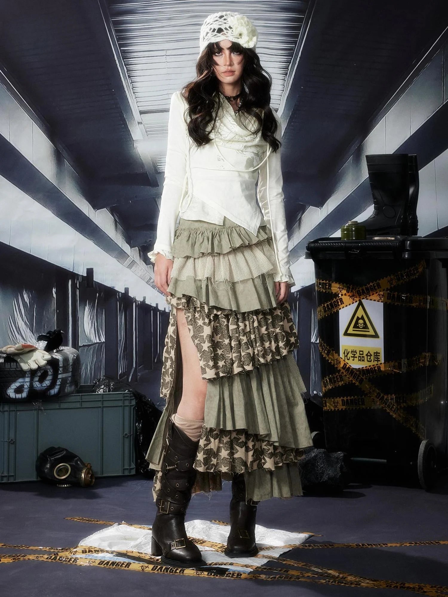 Acid Washed Asymmetrical Tiered Maxi Skirt