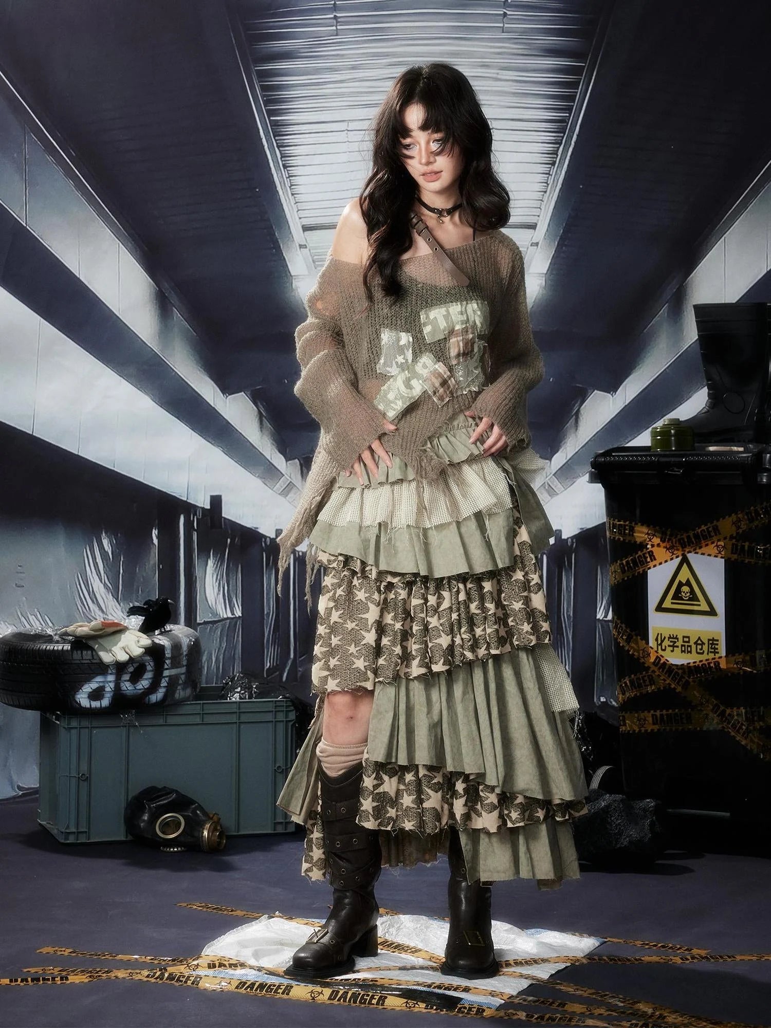 Acid Washed Asymmetrical Tiered Maxi Skirt