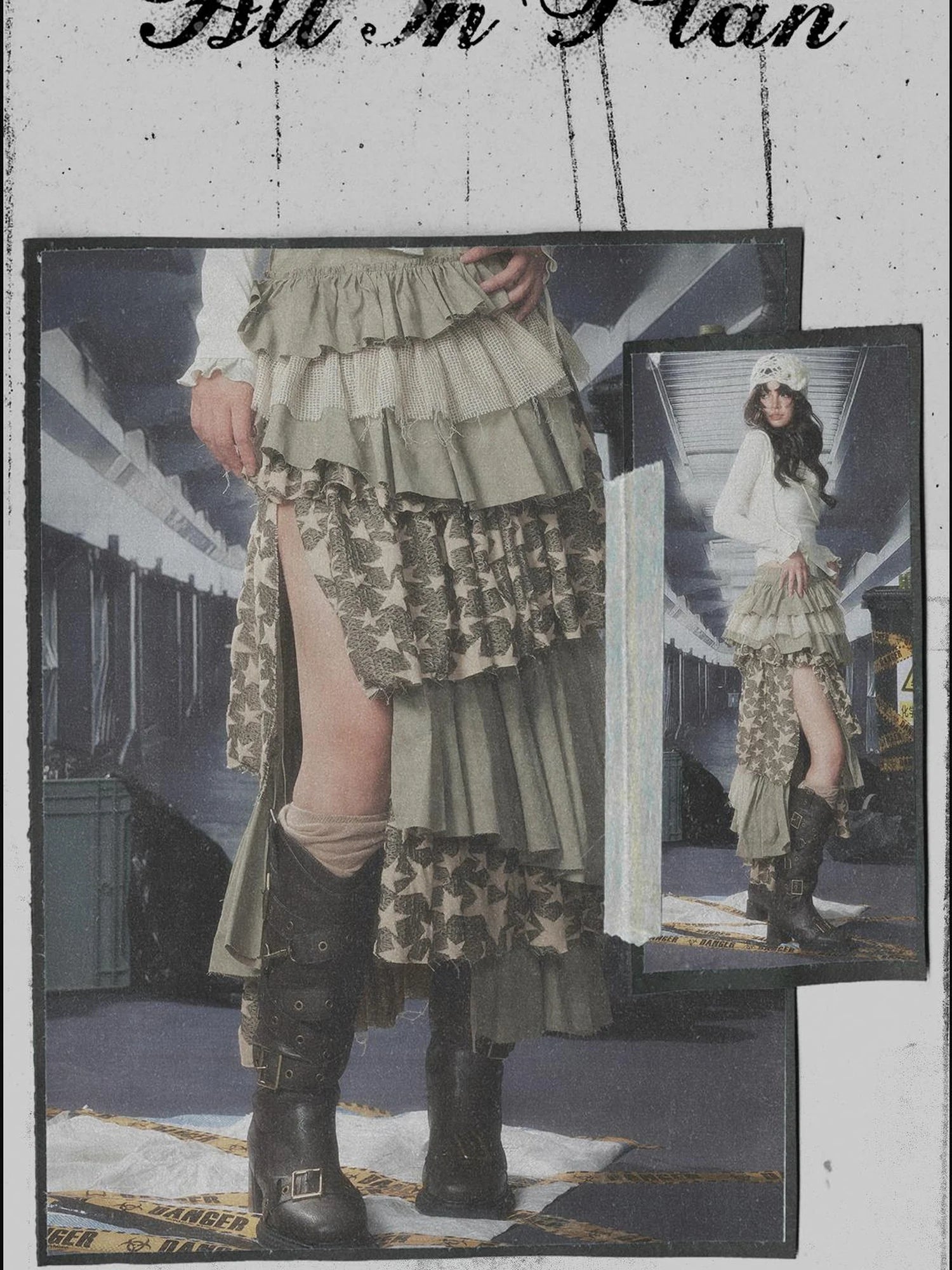 Acid Washed Asymmetrical Tiered Maxi Skirt