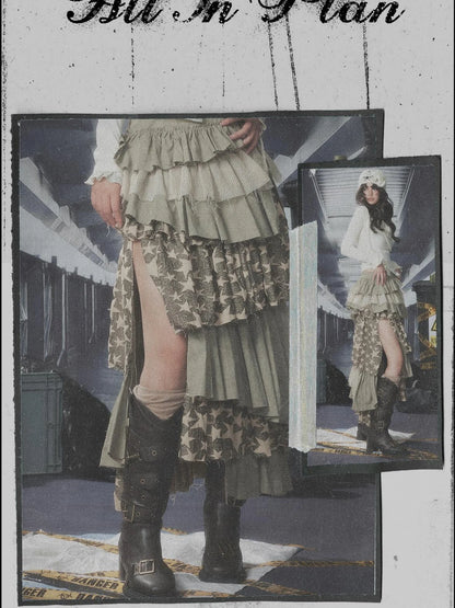 Acid Washed Asymmetrical Tiered Maxi Skirt