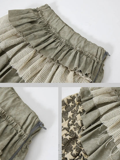 Acid Washed Asymmetrical Tiered Maxi Skirt