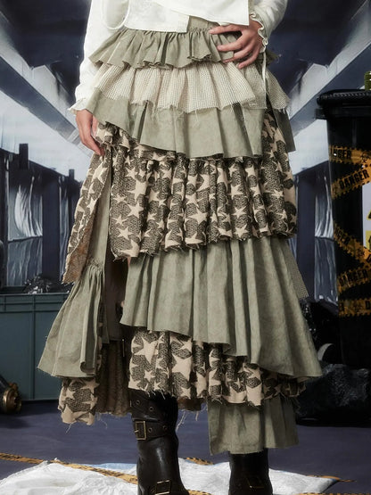 Acid Washed Asymmetrical Tiered Maxi Skirt