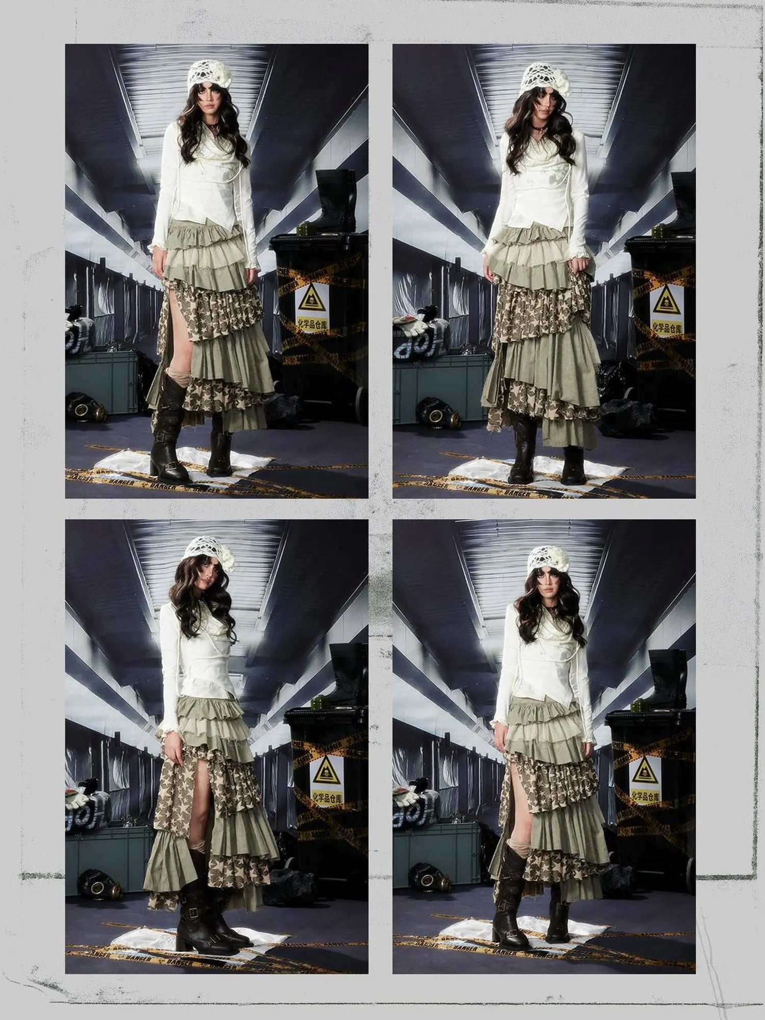 Acid Washed Asymmetrical Tiered Maxi Skirt