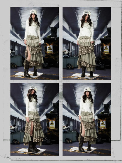 Acid Washed Asymmetrical Tiered Maxi Skirt