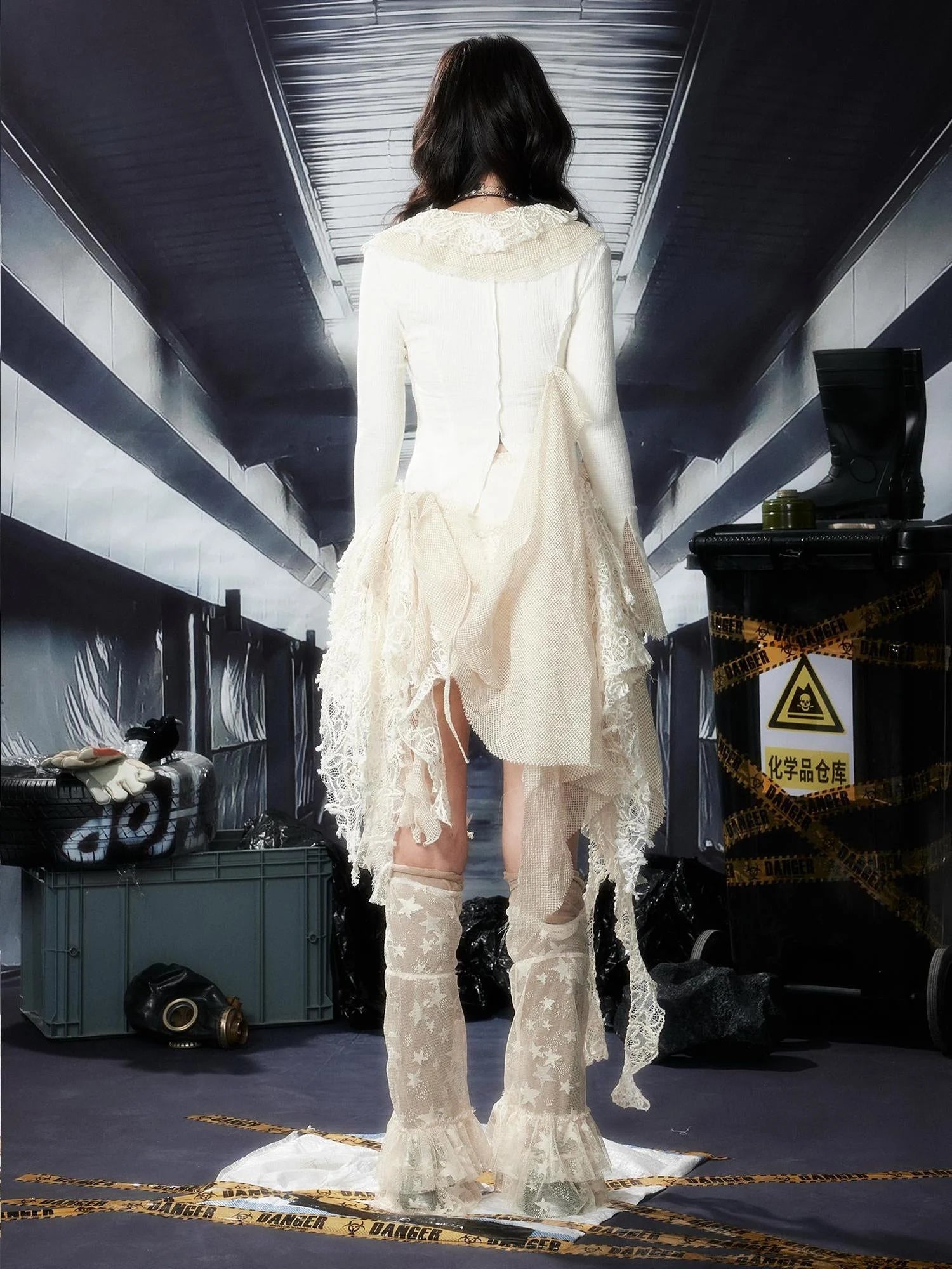 Acid Washed Asymmetrical Y2K Fringe Lace Mini Skirt