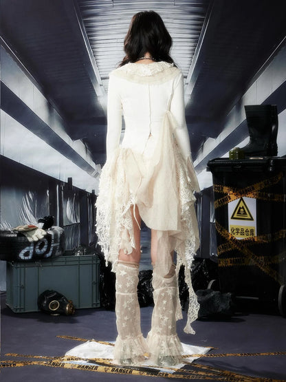 Acid Washed Asymmetrical Y2K Fringe Lace Mini Skirt