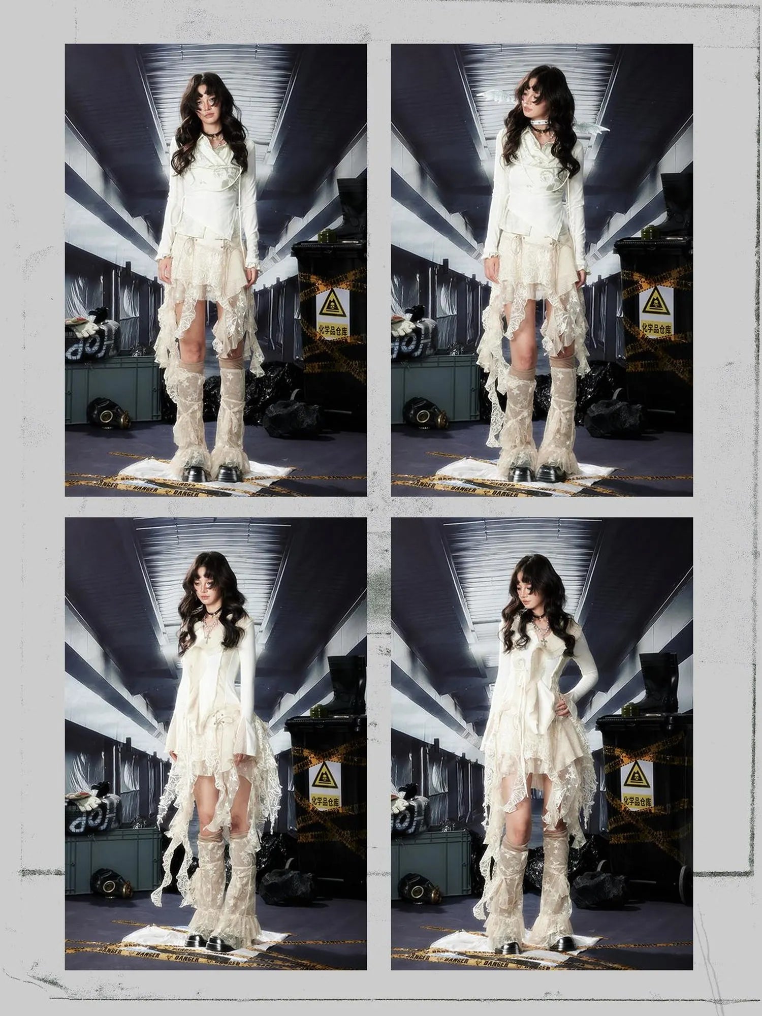 Acid Washed Asymmetrical Y2K Fringe Lace Mini Skirt