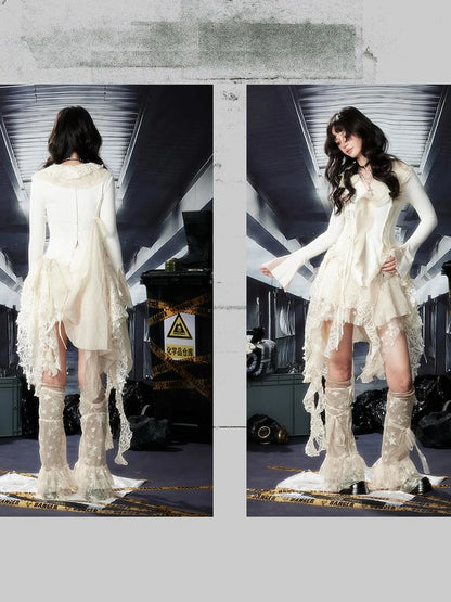 Acid Washed Asymmetrical Y2K Fringe Lace Mini Skirt