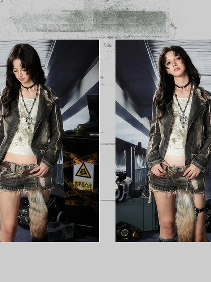 Acid Washed Denim Jacket With Detachable Collar