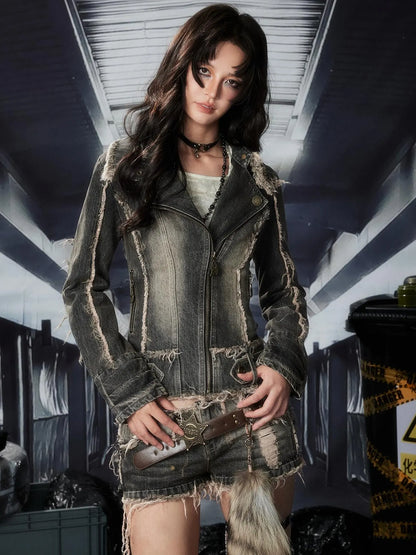 Acid Washed Denim Jacket With Detachable Collar