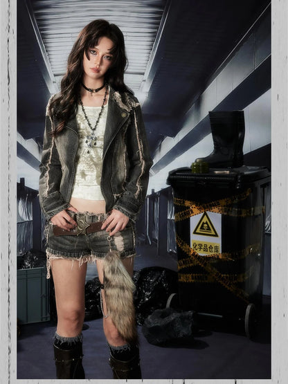 Acid Washed Denim Jacket With Detachable Collar