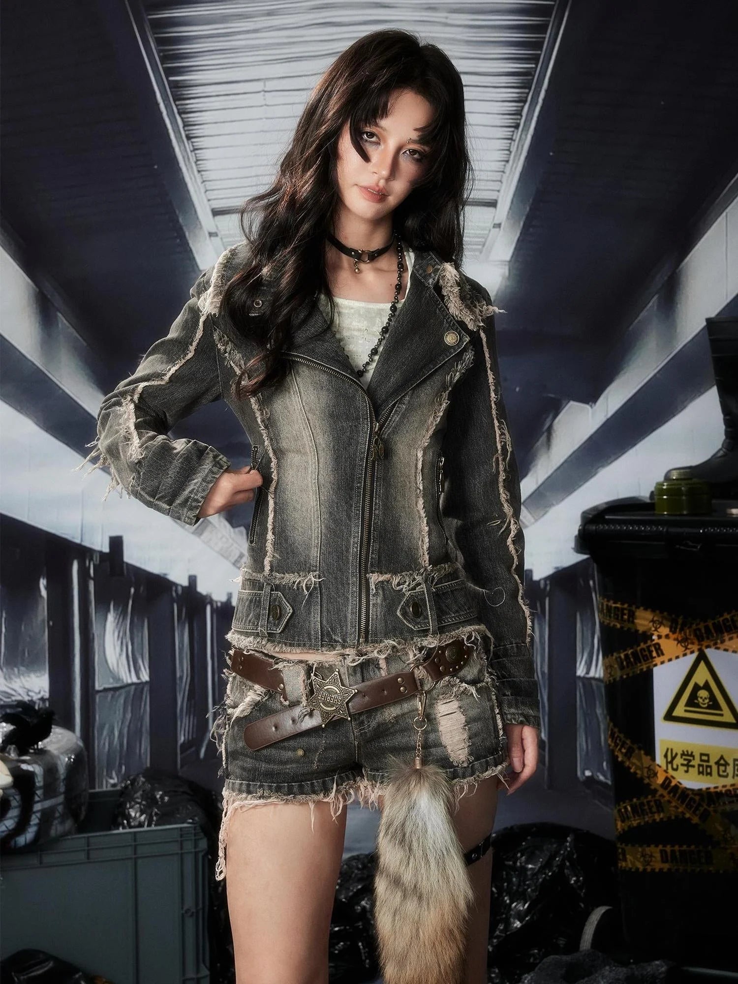Acid Washed Denim Jacket With Detachable Collar
