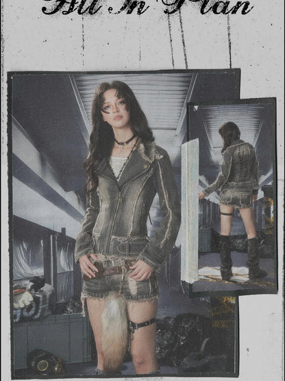Acid Washed Denim Jacket With Detachable Collar