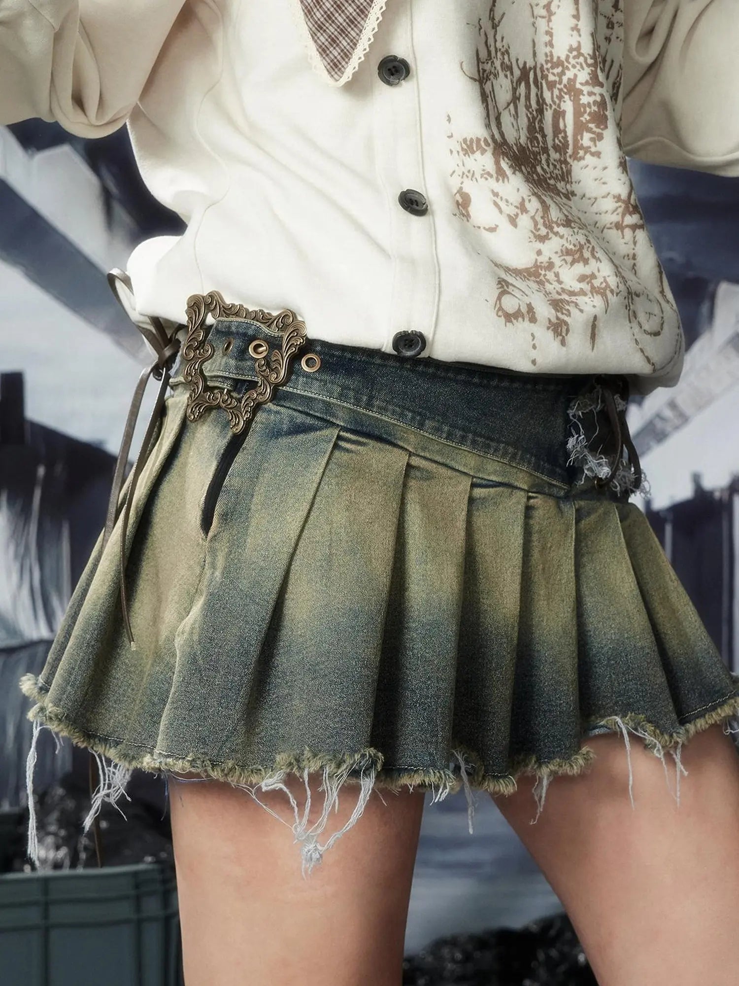 Acid Washed Denim Punk Mini Skirt