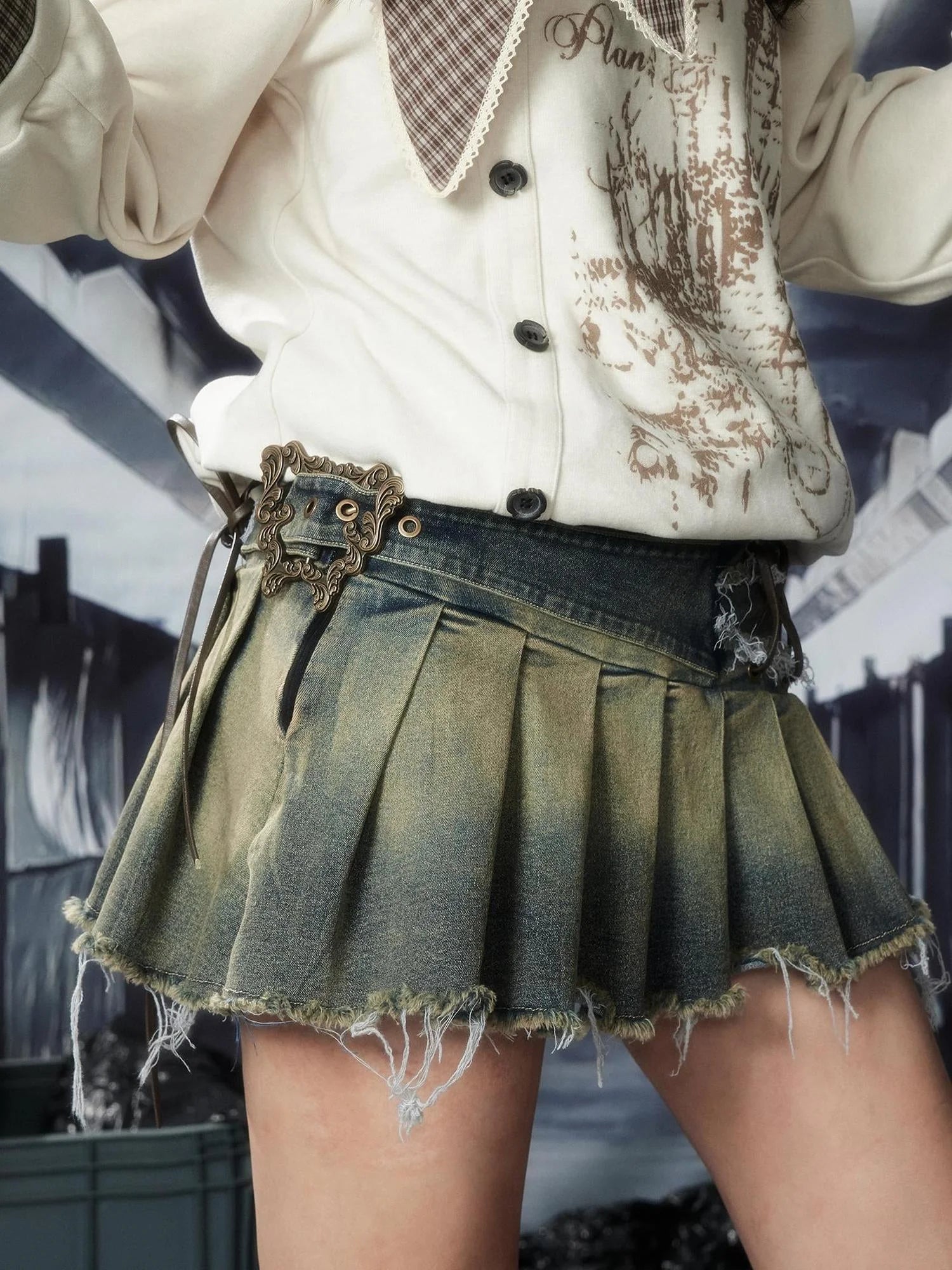 Acid Washed Denim Punk Mini Skirt