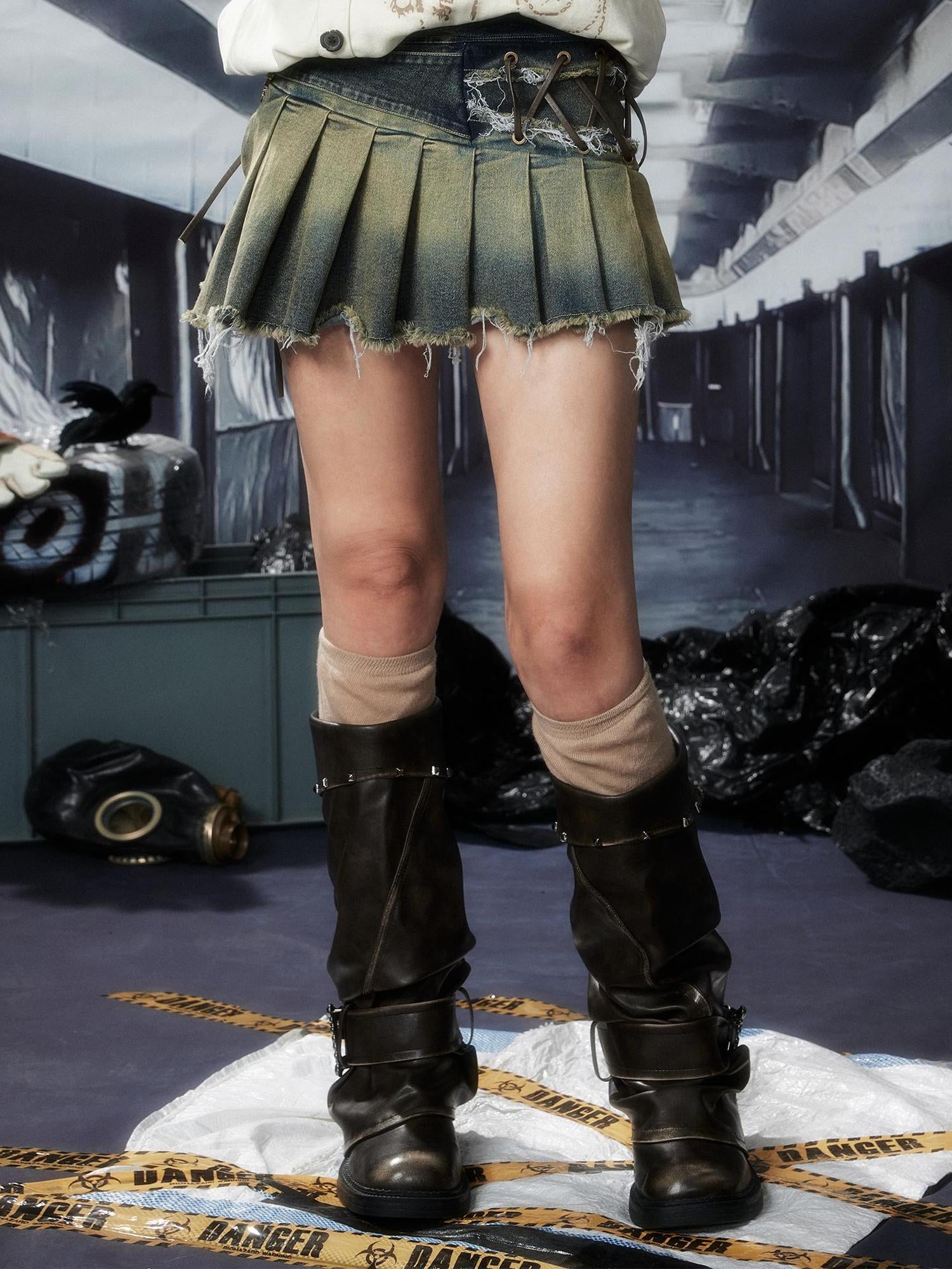 ALL iN plan Acid Washed Denim Punk Mini Skirt