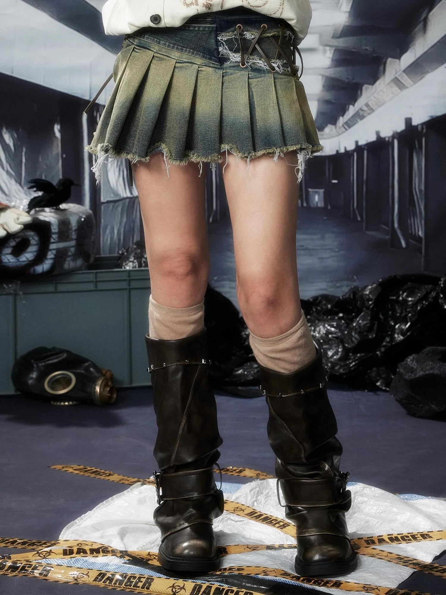 Acid Washed Denim Punk Mini Skirt