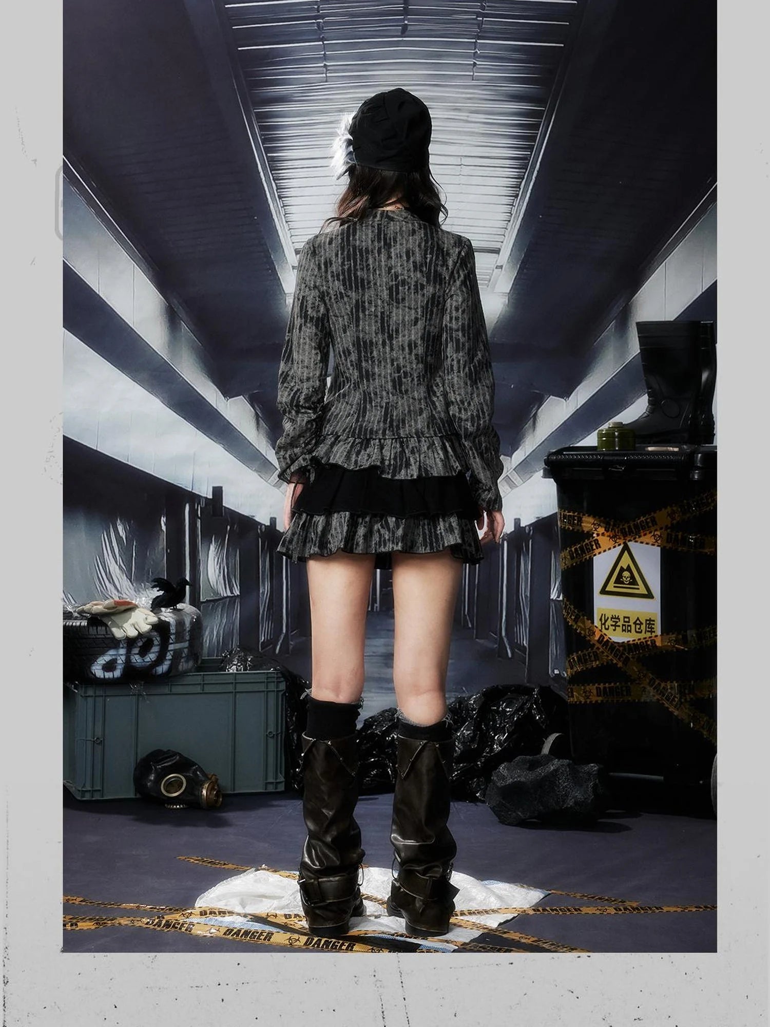 Acid Washed Distressed Denim Tiered Ruffle Skirt