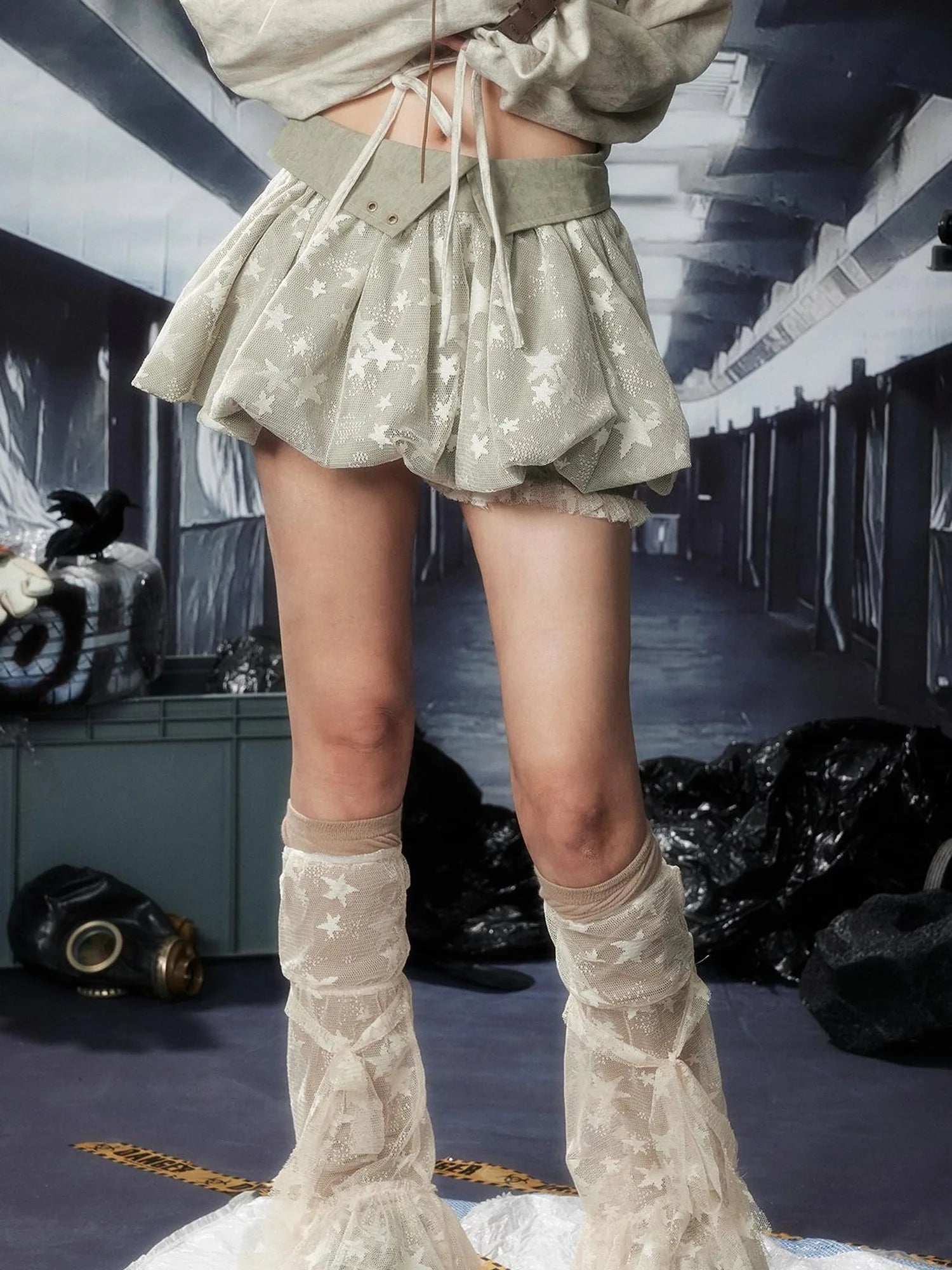 Acid Washed Lace Mini Skirt High Waist Y2K Ruffle Hem