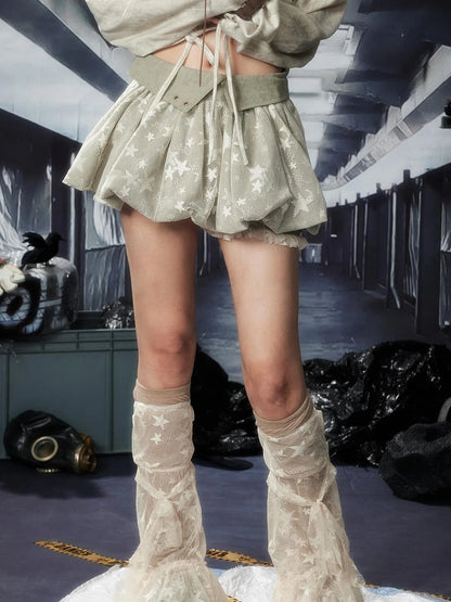 Acid Washed Lace Mini Skirt High Waist Y2K Ruffle Hem