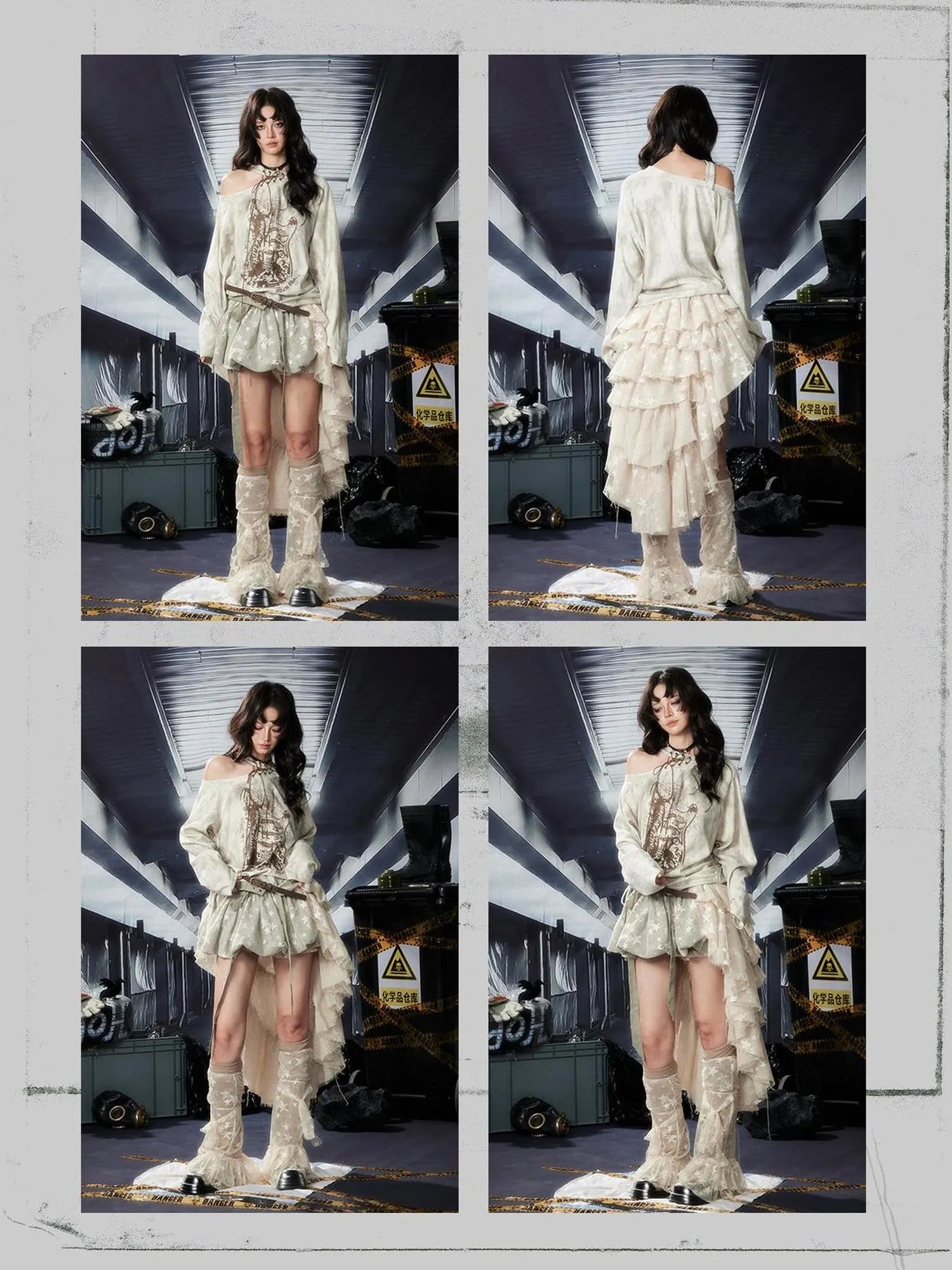 Acid Washed Lace Mini Skirt High Waist Y2K Ruffle Hem