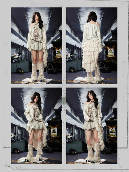 Acid Washed Lace Mini Skirt High Waist Y2K Ruffle Hem