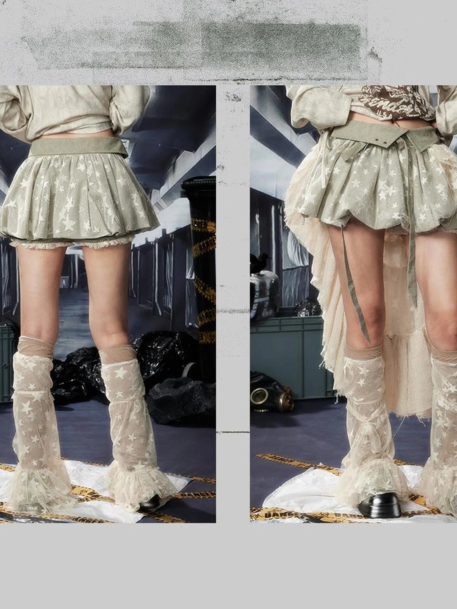 Acid Washed Lace Mini Skirt High Waist Y2K Ruffle Hem