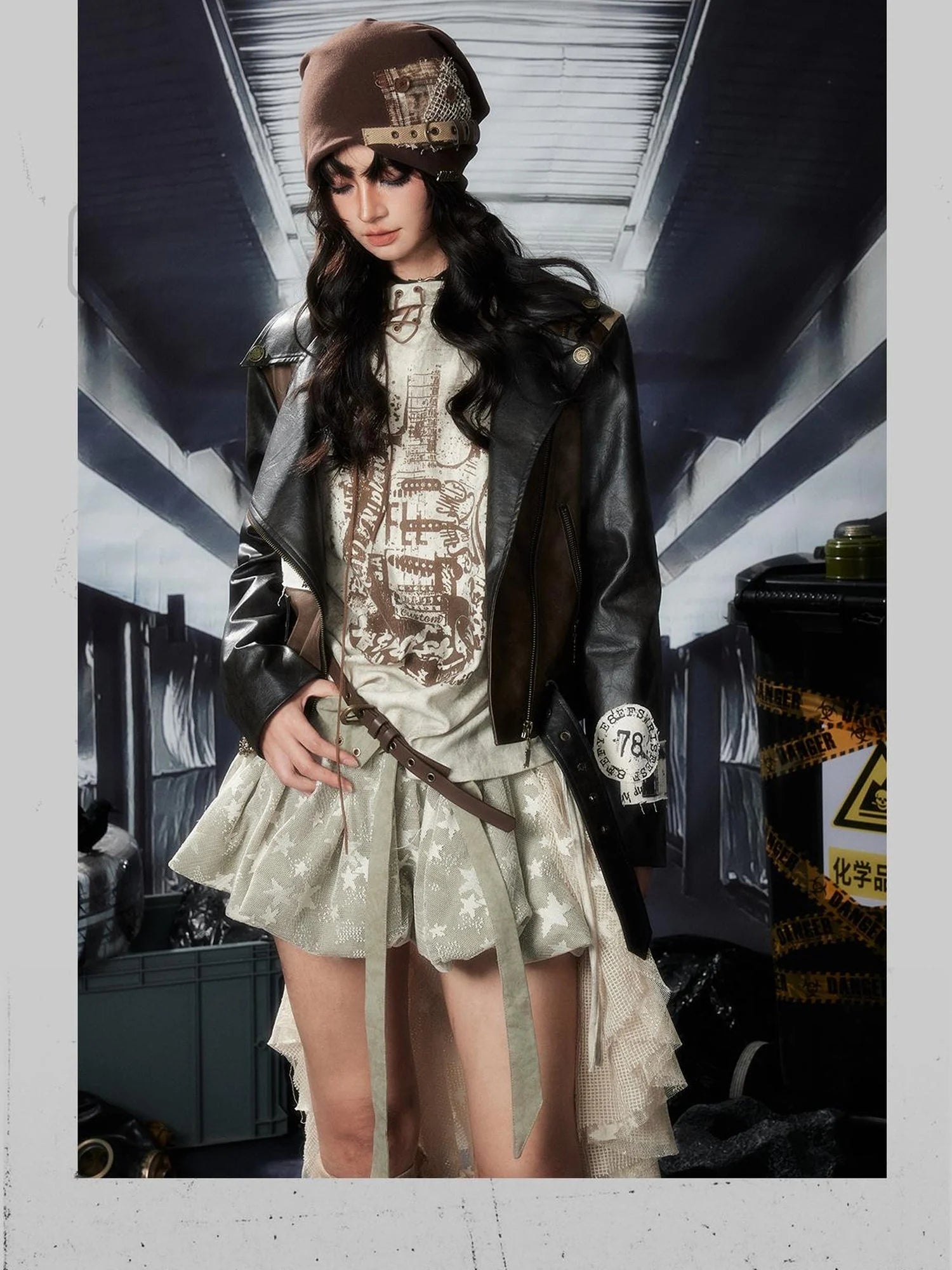 Acid Washed Lace Mini Skirt High Waist Y2K Ruffle Hem