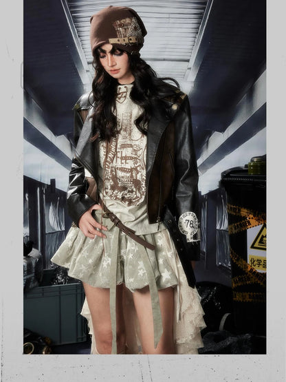 Acid Washed Lace Mini Skirt High Waist Y2K Ruffle Hem