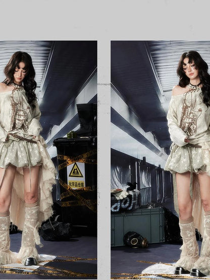 Acid Washed Lace Mini Skirt High Waist Y2K Ruffle Hem